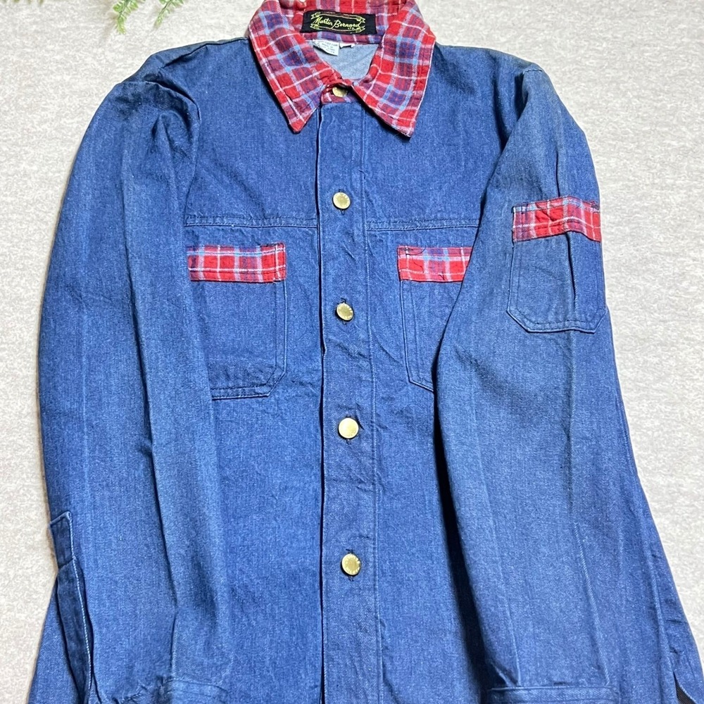 Vintage Martin Bernard Denim Shirt Jacket Mens Medium Blue Plaid Trim Cotton GUC - Picture 7 of 7
